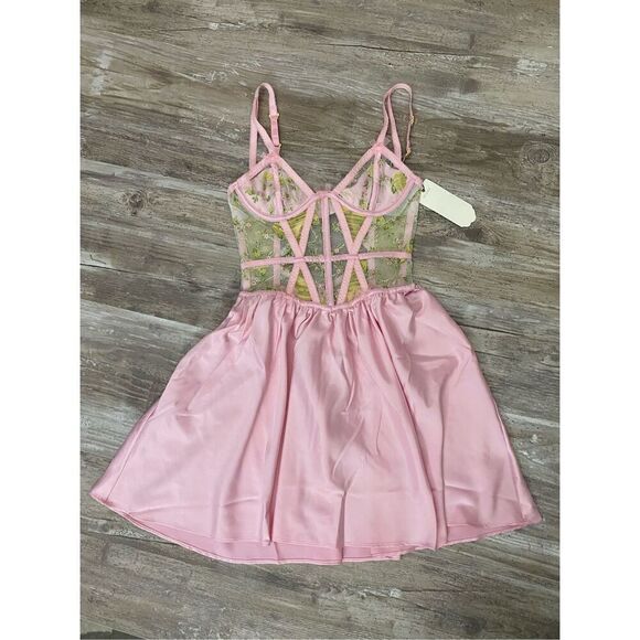 For Love & Lemons Pink Floral Corset Slip Mini Dress Lingerie Sz XXS - Picture 5 of 10